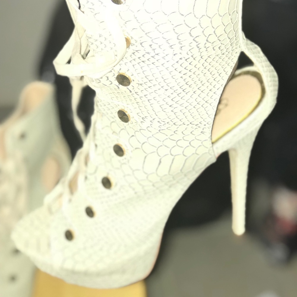 Beige / Off White Snake Print Lace Up High Heels